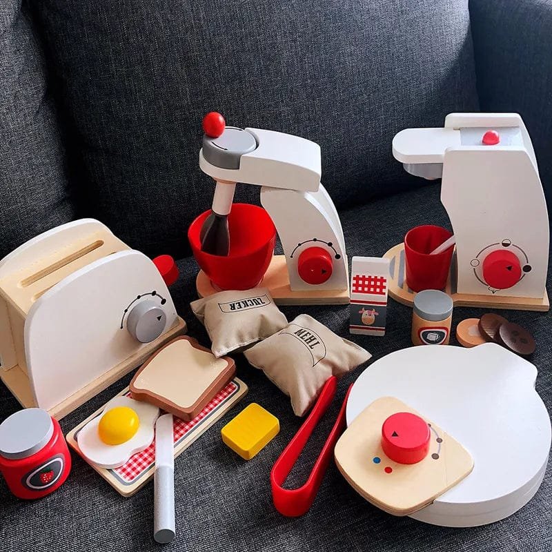 Wooden kitchen play set with appliances and food items styled for realistic pretend cooking scenes.
