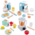 Wooden kitchen play set with toaster, coffee machine, and mixer collection for imaginative pretend cooking.