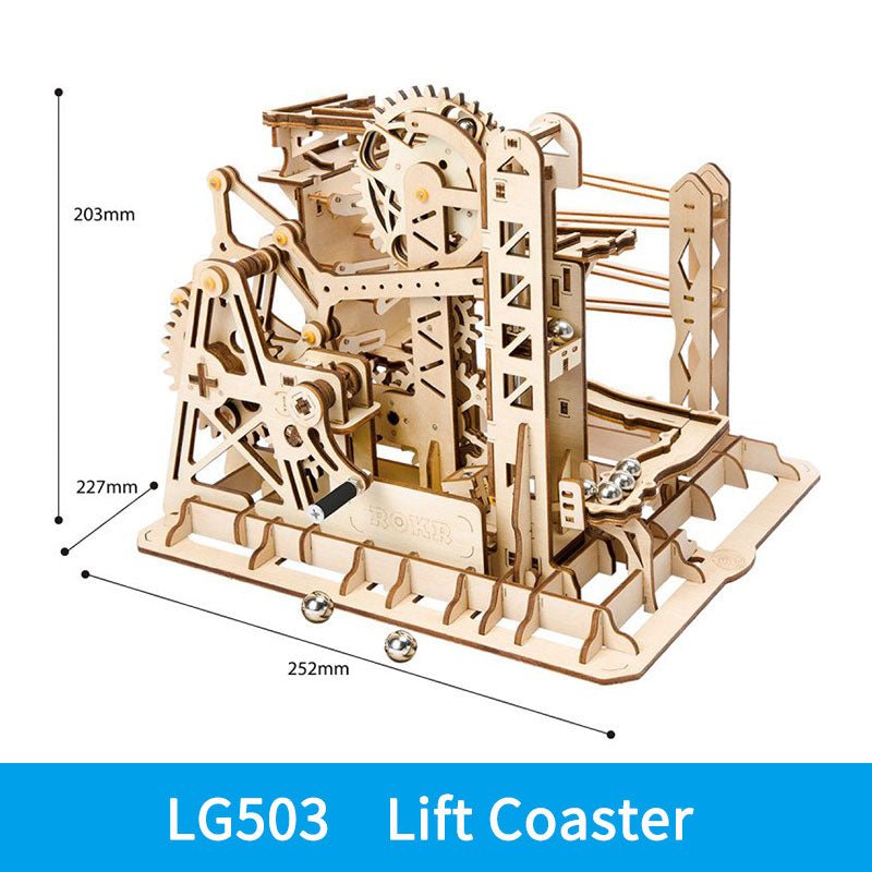 Wooden lift coaster gear model puzzle kit built as a moving desk display piece for home offices and study rooms.