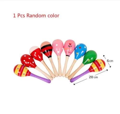 Colourful wooden maraca shakers with measurements, Montessori sound toys for rhythm play and sensory development.