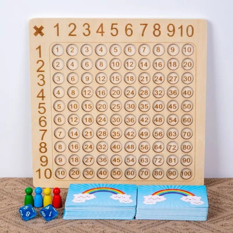 Wooden multiplication chart with educational tools on a textured surface