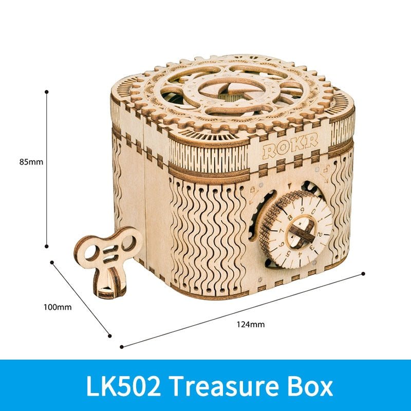 Wooden mechanical treasure box with key from the gear puzzle DIY kit for storing small keepsakes after assembly.