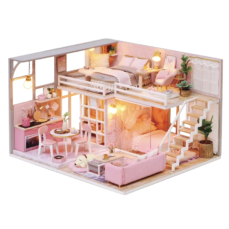Wooden miniature home kit with pink interior furniture and LED lighting for cozy dollhouse scenes.
