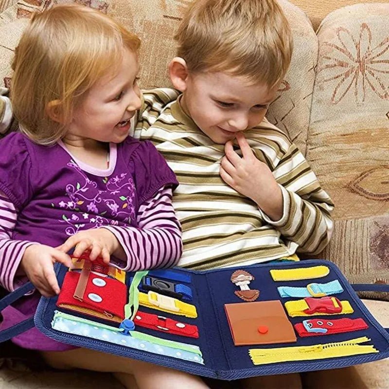 Wooden Montessori Busy Board with latches and buckles for toddler sensory play and quiet time bonding.