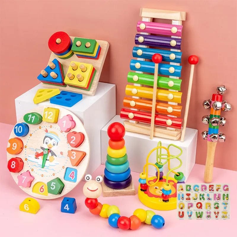 Collection of colourful wooden Montessori puzzles, sensory toys for babies aged 1 to 4 learning shapes and colours.