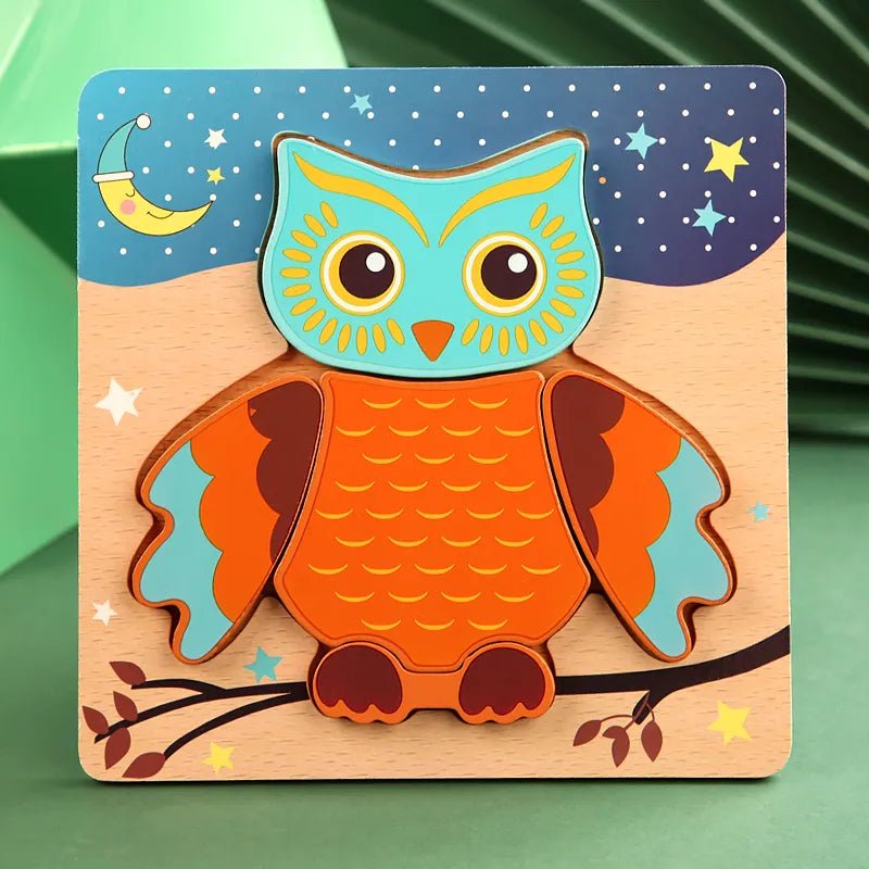 Wooden owl puzzle for toddlers building woodland birds and developing shape recognition.