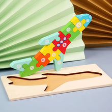 Wooden plane shape puzzle for toddlers imagining flights while practising piece placement.