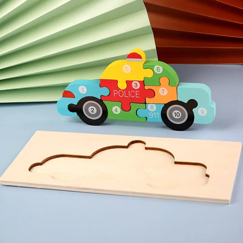 Wooden police car puzzle for toddlers building vehicles and enjoying role-play adventures.