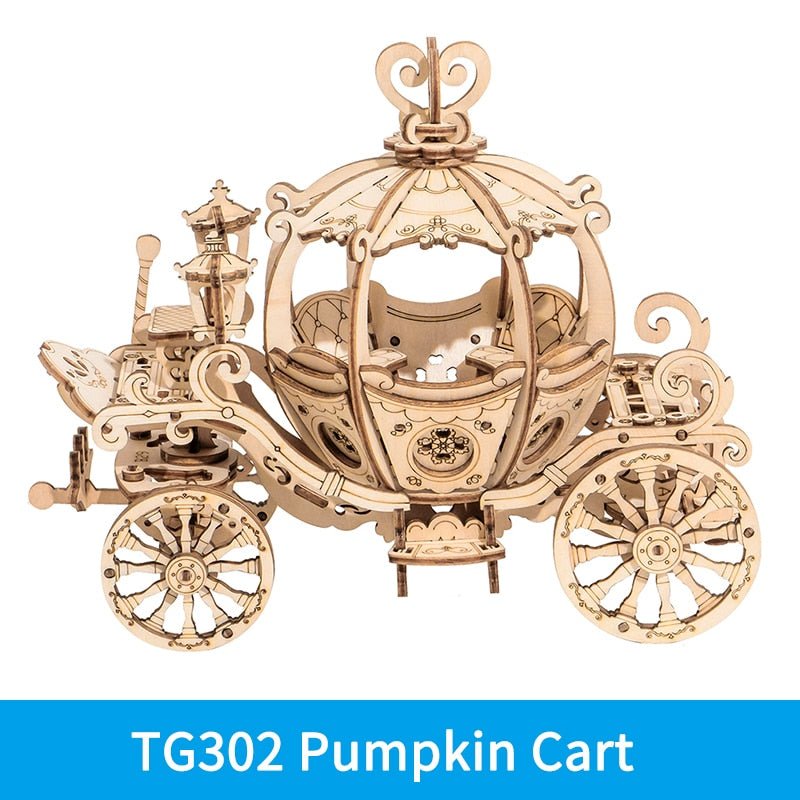 Wooden pumpkin carriage gear model puzzle kit as a thoughtful gift for hobby builders and model collectors.