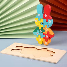 Wooden rabbit puzzle with numbers for toddlers practising animal recognition and number order.