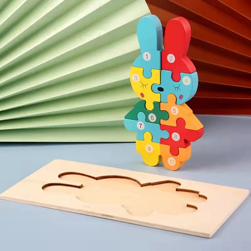 Wooden rabbit puzzle with numbers for toddlers practising animal recognition and number order.