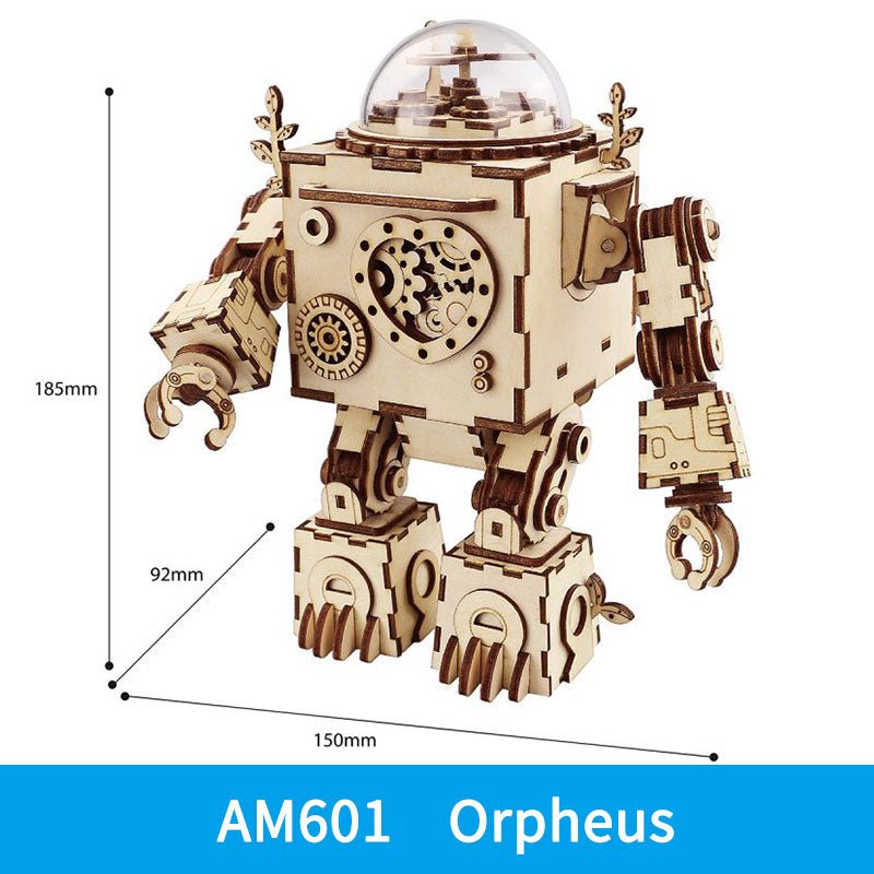 Wooden robot gear model with size dimensions from the 3D puzzle kit to help buyers picture the finished build.