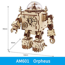 Wooden robot gear puzzle model kit with dimensions as a birthday gift for children learning basic engineering.