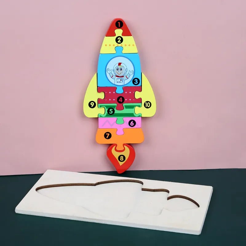 Wooden rocket shape puzzle for toddlers exploring space themes while building shape awareness.