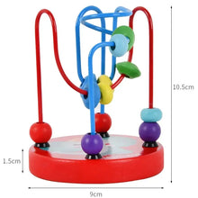 Red elephant bead maze toy with size markers of 9 cm wide, 10.5 cm tall and a 1.5 cm base