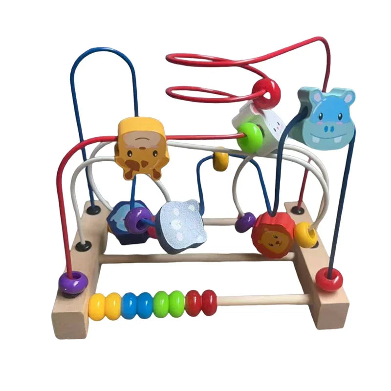 Larger wooden frame bead maze with animal beads, wire tracks and a row of colored sliding beads