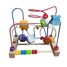 Larger wooden frame bead maze with animal beads, wire tracks and a row of colored sliding beads