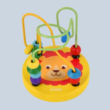 Yellow lion bead maze toy with green and yellow wire tracks and colorful beads