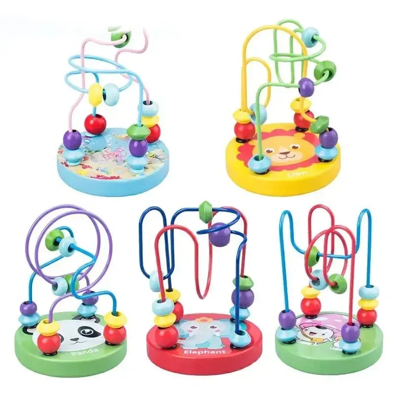 Six bead maze toys with animal bases in blue, yellow, green, red and purple on a white background