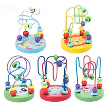 Six bead maze toys with animal bases in blue, yellow, green, red and purple on a white background