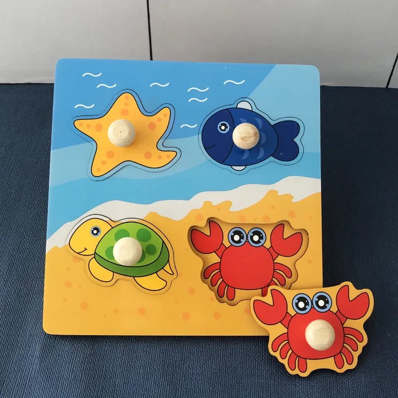 Wooden sea animal puzzle set for toddlers exploring ocean creatures and practising problem solving.