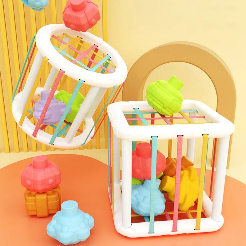 Wooden Shape Sorting Blocks Montessori set shown in a white frame for tummy time and floor play.