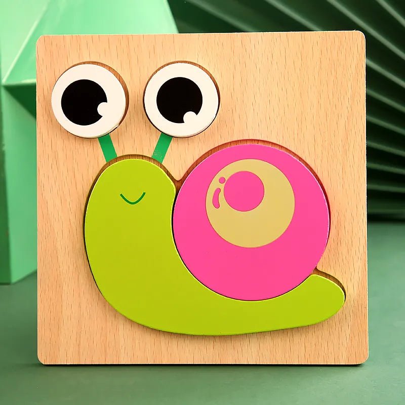 Wooden snail puzzle with googly eyes for toddlers learning shapes through hands-on play.