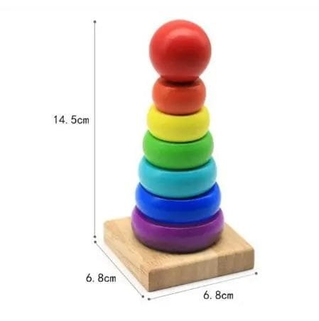 Colourful wooden stacking ring toy with size measurements, a classic Montessori puzzle for babies learning order.