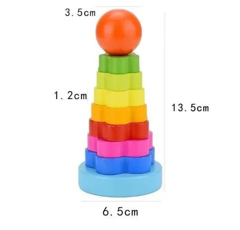 Wooden stacking shape sorter puzzle with dimensions, a Montessori toy for babies learning size order and balance.