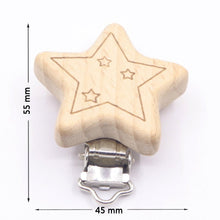 Wooden star pacifier clip variant, a teether dummy holder for nursery routines and bedtime settling.