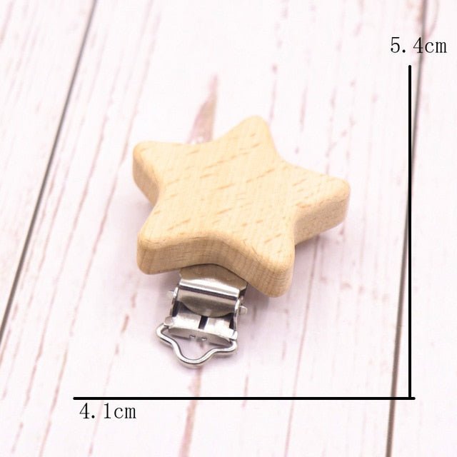 Wooden star shape pacifier clip variant, a teether holder for bedtime settling and keeping soothers clean.