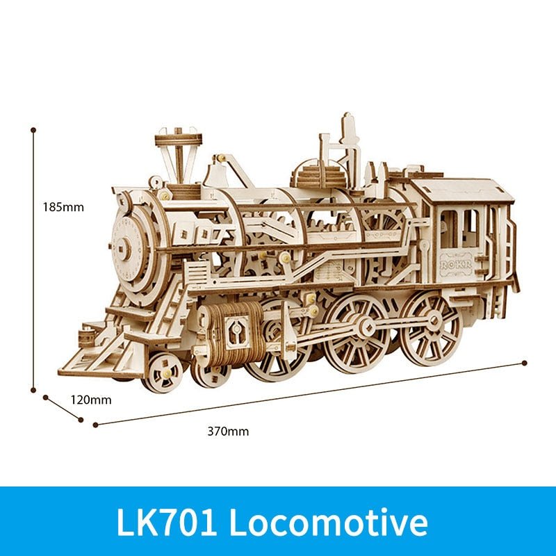 Wooden steam locomotive gear model with dimensions from the 3D puzzle kit for train lovers building at home.