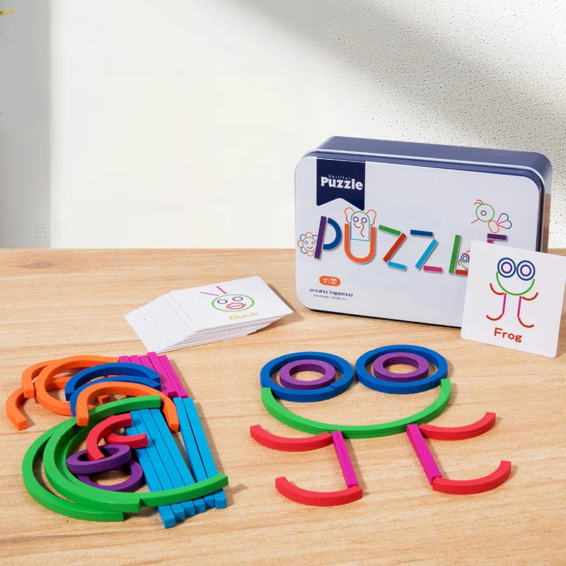 Iron puzzle box with a Frog card and a frog face built from colorful arcs, sticks and rings