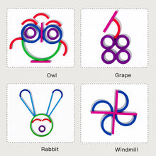 Four built designs of an owl, a grape bunch, a rabbit and a windmill labeled with their names