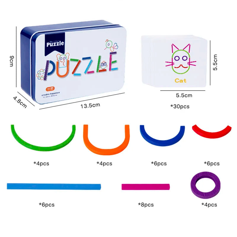 Iron puzzle box 13.5 by 9 by 4.8 cm, a cat card of 5.5 cm and colored arcs, sticks and rings with piece counts