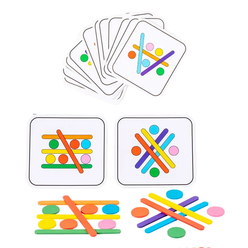 Stack of pattern cards above two cards and their matching stick and disc arrangements