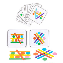 Stack of pattern cards above two cards and their matching stick and disc arrangements