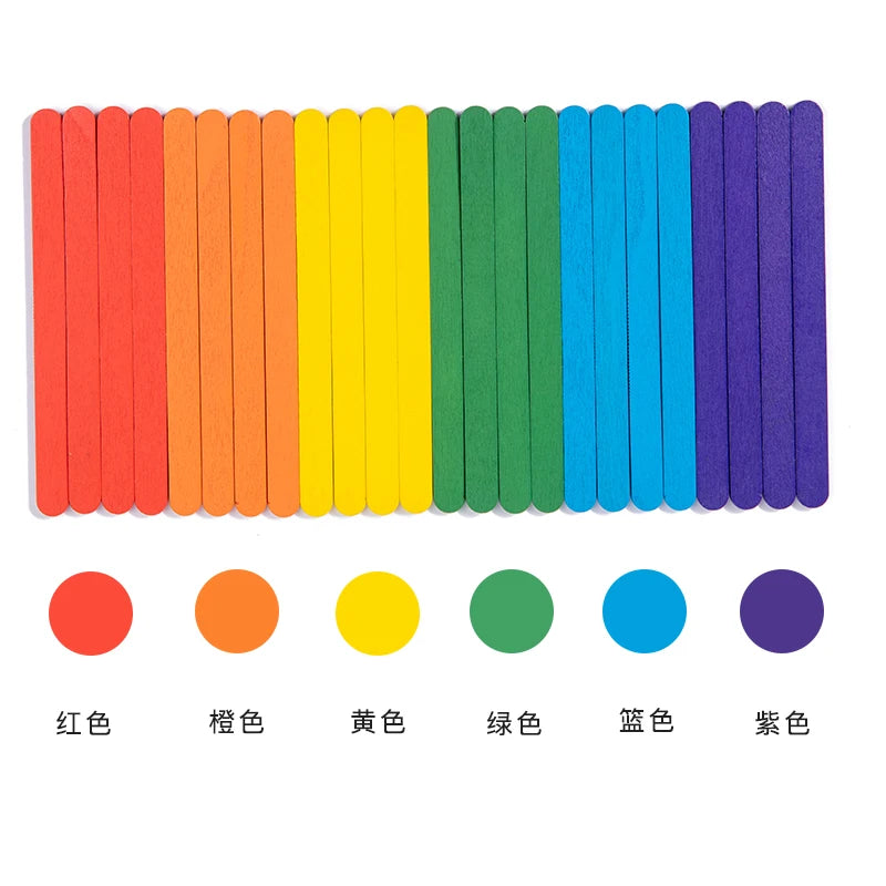 Rows of red, orange, yellow, green, blue and purple sticks with matching color dots below