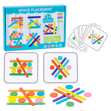 Space Placement box beside two pattern cards and two matching stick and disc arrangements