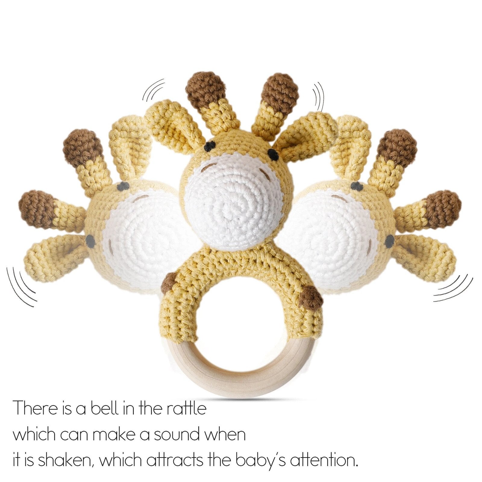 Wooden Teether with BPA-free rattle and crochet cover for gentle gum relief and quiet play in the pram or cot.