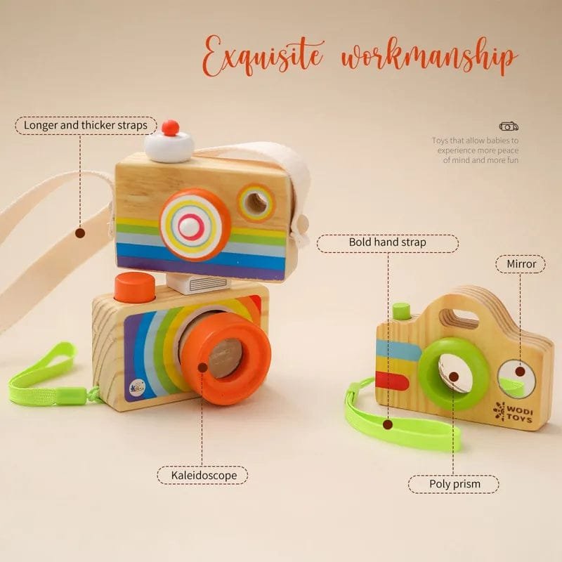 Colourful wooden toy camera pendant, a Montessori play piece that encourages storytelling and imaginative photography.