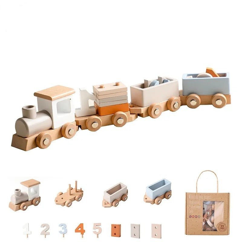 Montessori wooden train and trolley toy set with detachable carriages and accessories for imaginative play.