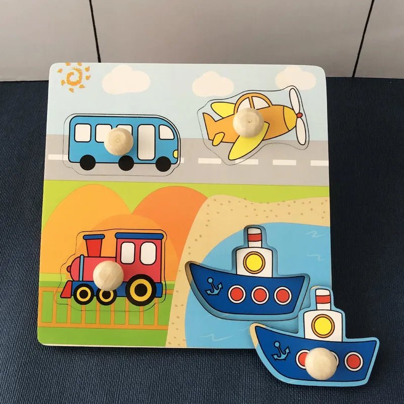 Wooden transport puzzle set for toddlers naming vehicles and slotting pieces into the board.