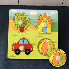Wooden puzzle board with tree, house, car, and ball shapes for toddler matching and naming games.
