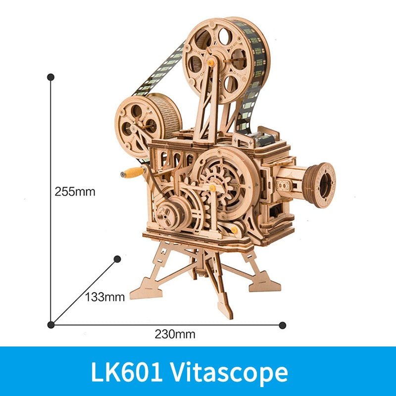 Wooden vitascope projector gear model from the 3D puzzle DIY kit for a retro mechanical build and desk showpiece.