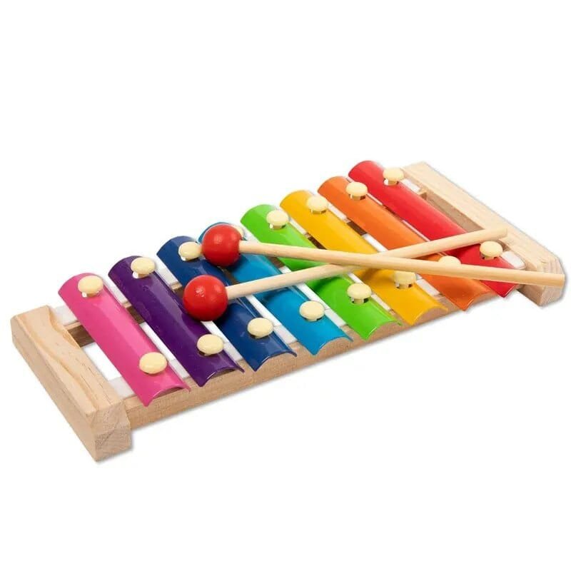 Colourful wooden xylophone with two mallets, a Montessori sensory toy for introducing music and sound to babies.