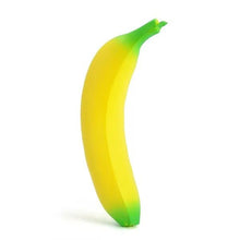 Yellow banana squishy toy for slow rising fidget play, school bags, and party favours.