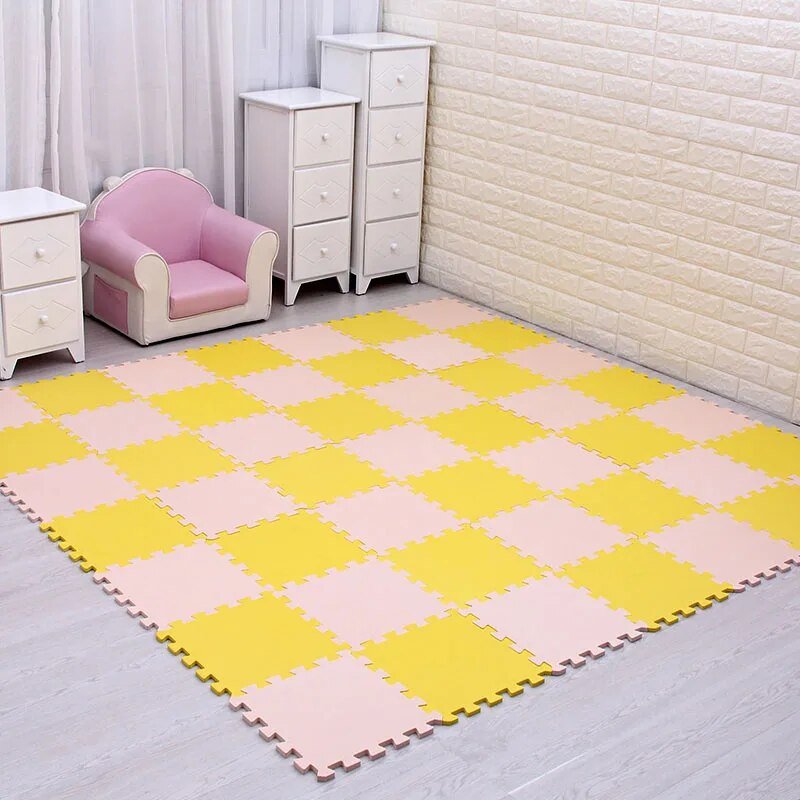 Yellow and beige EVA foam puzzle play mat shown in overview for warm indoor play.