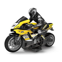 Yellow and black 1:10 scale RC racing motorcycle with rider for outdoor track play and gifting.