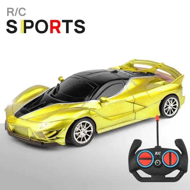 Yellow RC drift car with black roof and LED lights for high-speed racing and garden play.